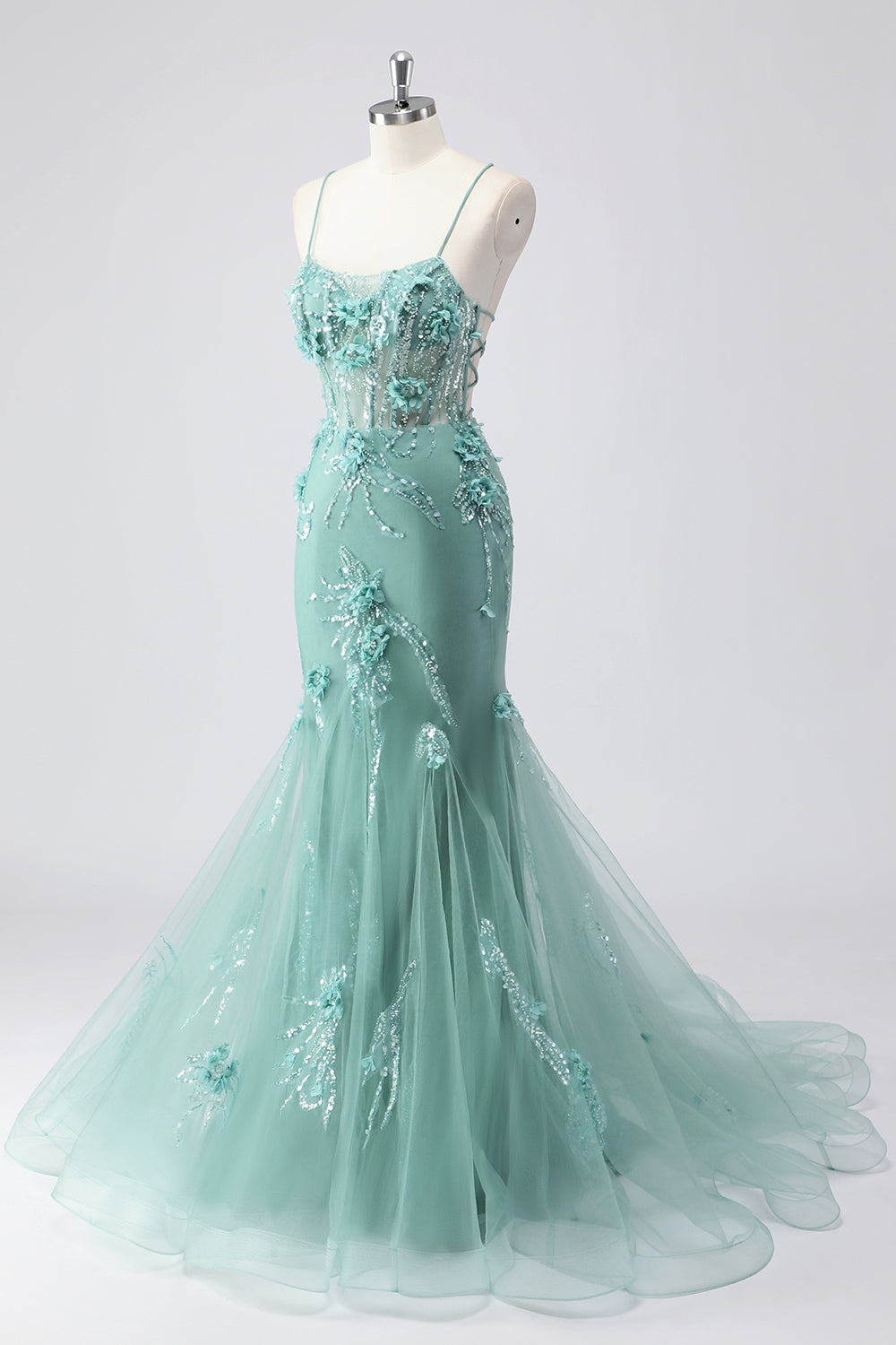 Green Mermaid Corset 3D Flowers Plus Size Long Prom Dress with Lace-Up Back