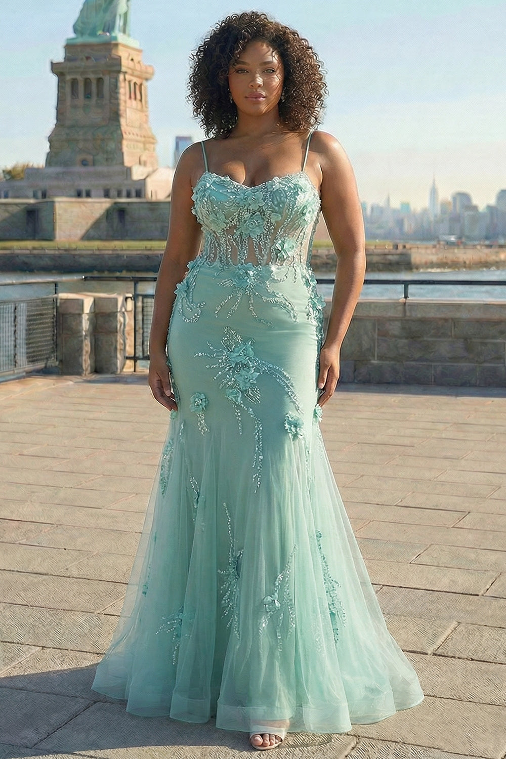 Green Mermaid Corset 3D Flowers Plus Size Long Prom Dress with Lace-Up Back