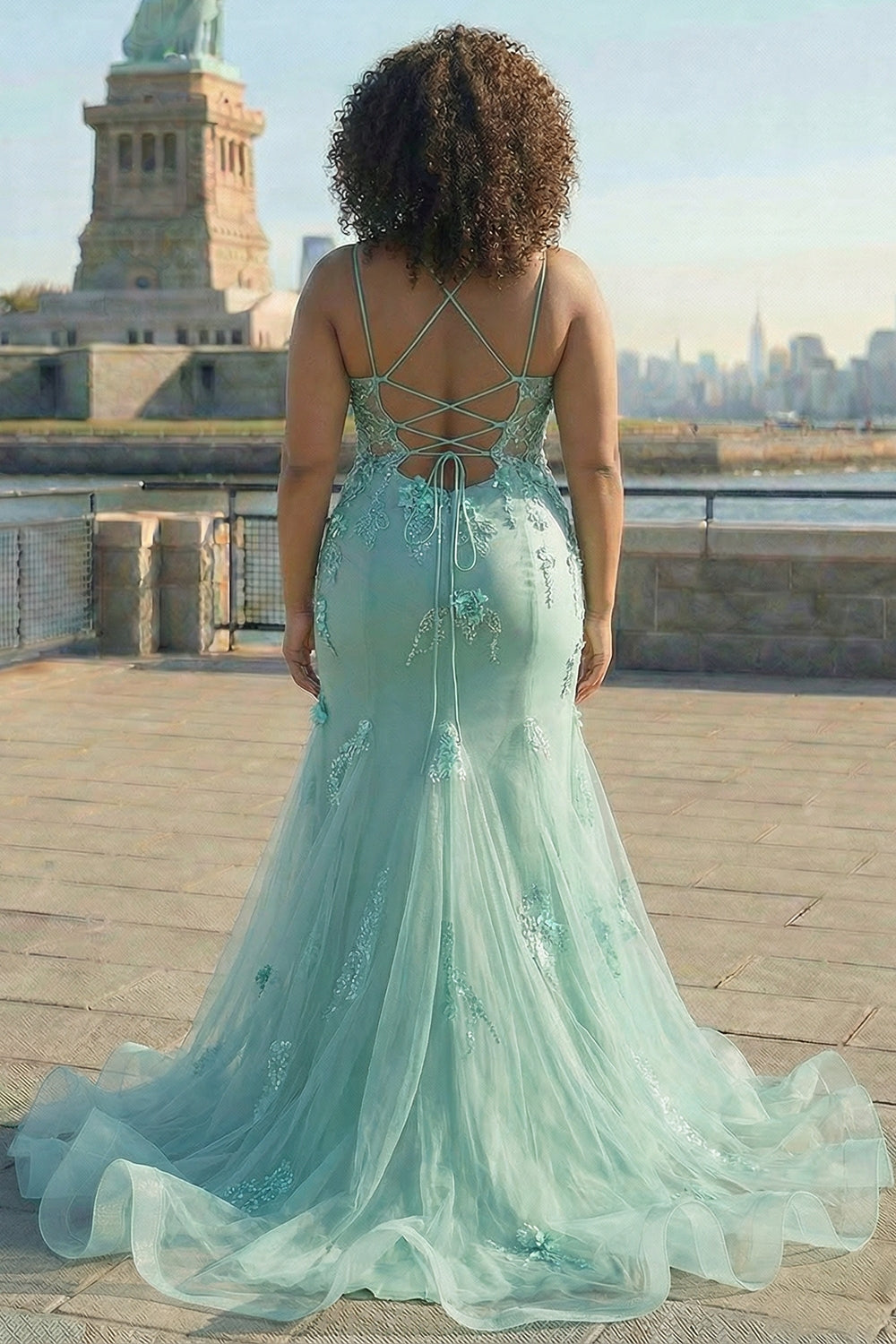 Green Mermaid Corset 3D Flowers Plus Size Long Prom Dress with Lace-Up Back