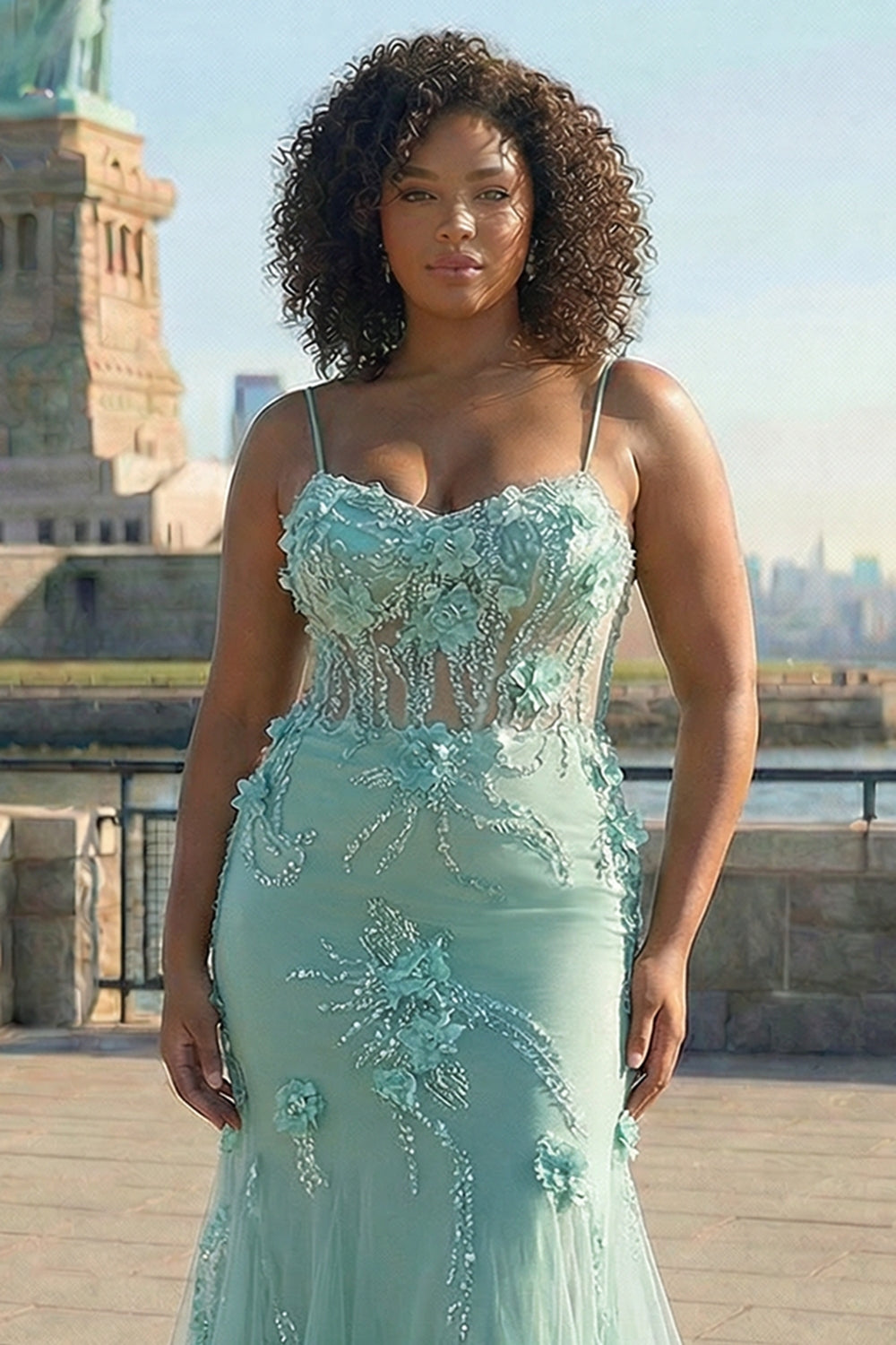 Green Mermaid Corset 3D Flowers Plus Size Long Prom Dress with Lace-Up Back