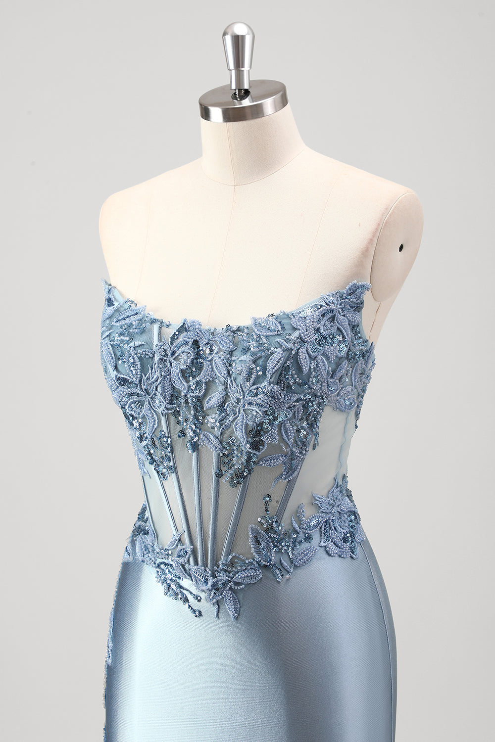 Sparkly Grey Blue Mermaid Beaded Strapless Metallic Prom Dress with Slit