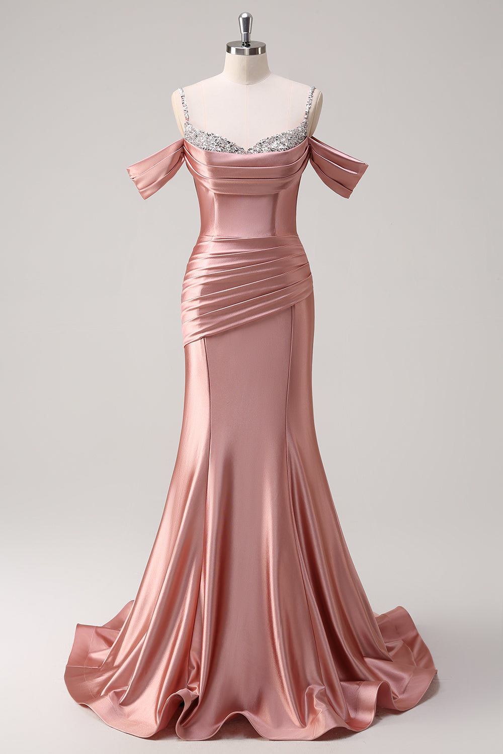 Robe de bal longue en satin froncé à paillettes épaules dénudées sirène dorée scintillante
