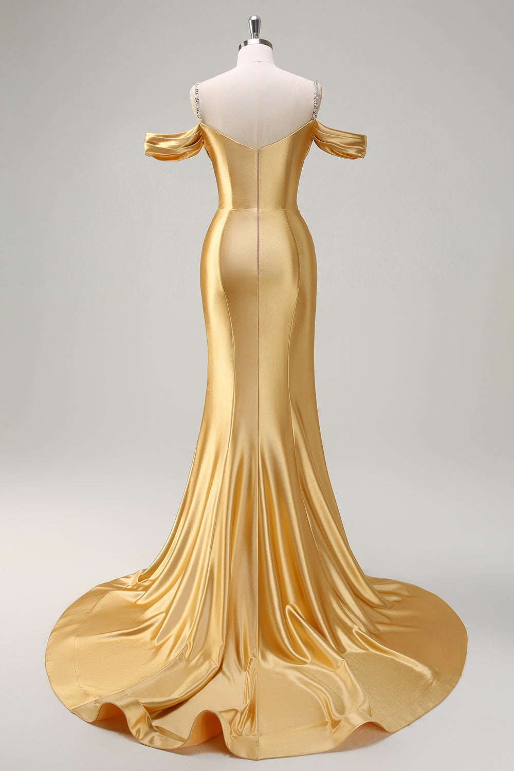 Robe de bal longue en satin froncé à paillettes épaules dénudées sirène dorée scintillante