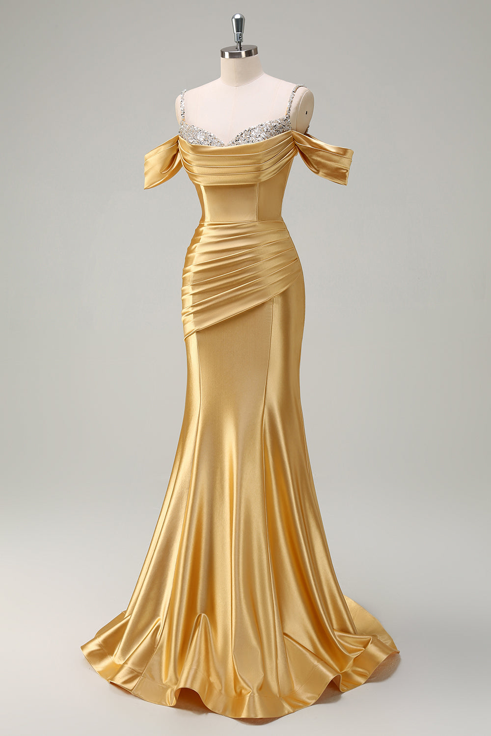 Robe de bal longue en satin froncé à paillettes épaules dénudées sirène dorée scintillante
