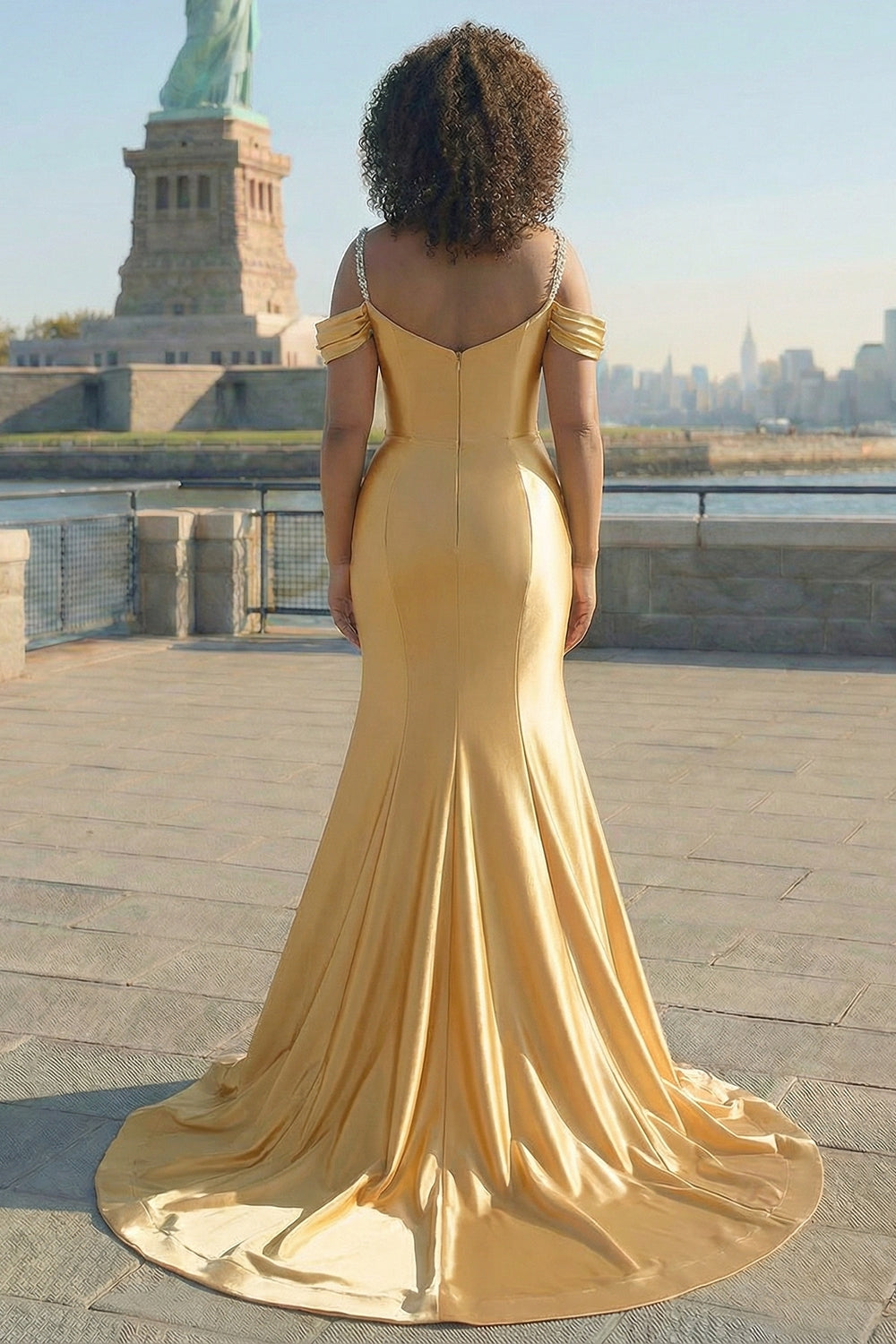 Sparkly Golden Cold Shoulder Sequined Mermaid Satin Long Plus Size Prom Dress