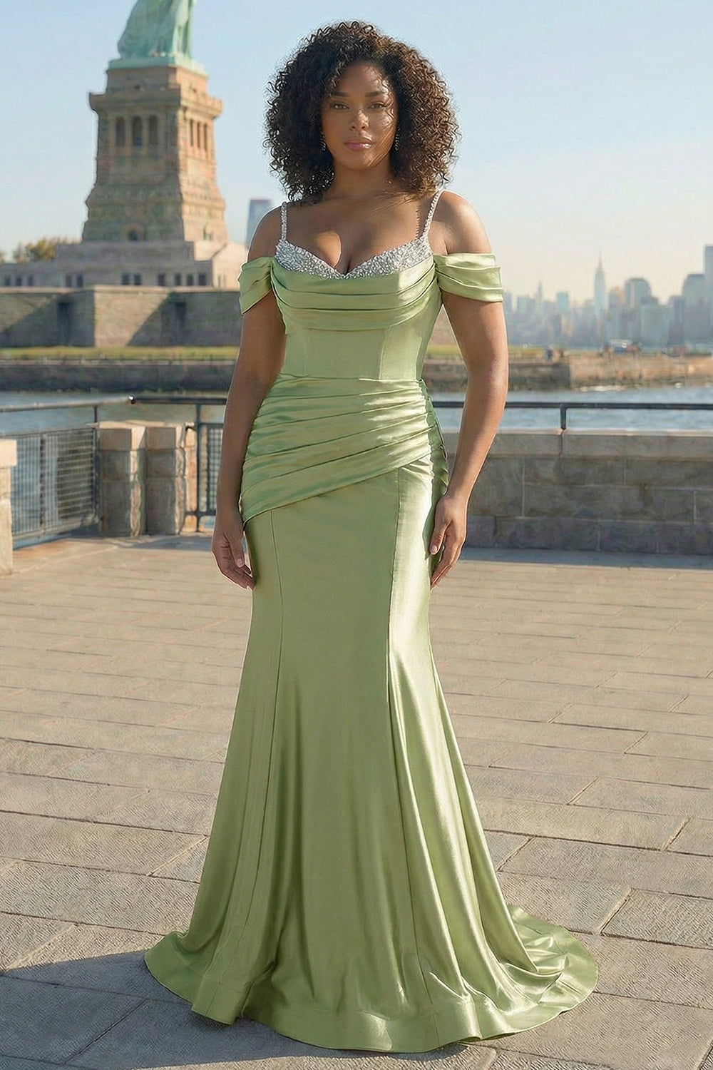 Sparkly Golden Cold Shoulder Sequined Mermaid Satin Long Plus Size Prom Dress