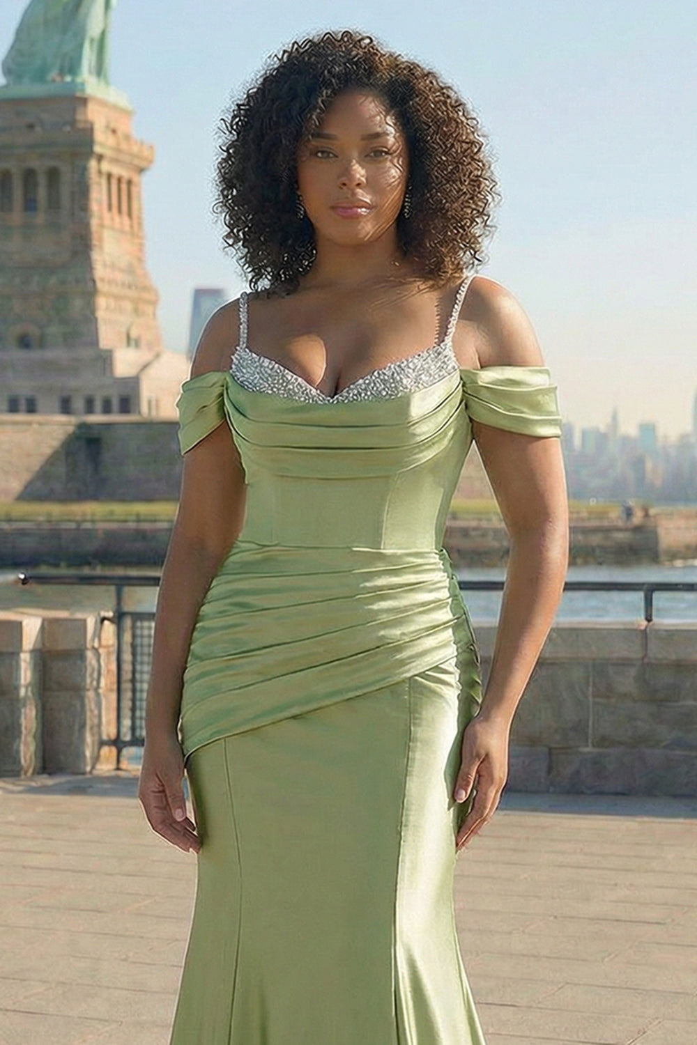Sparkly Golden Cold Shoulder Sequined Mermaid Satin Long Plus Size Prom Dress
