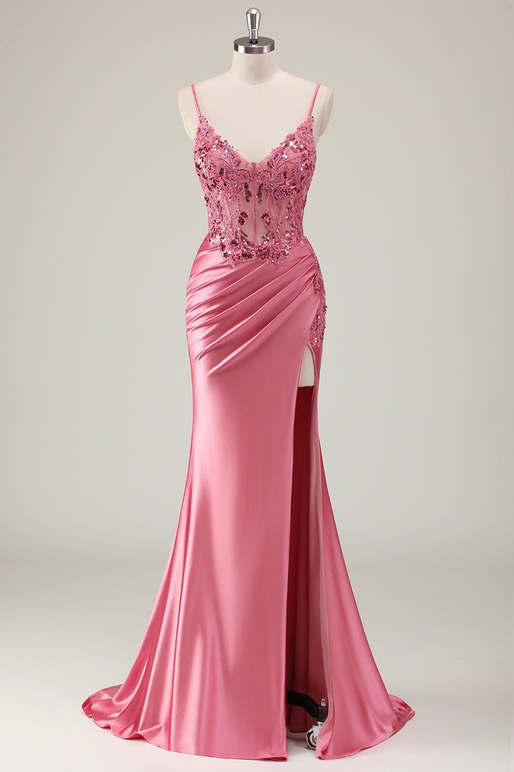 Robe de soirée longue sirène en satin corail avec corsage pailleté et fente