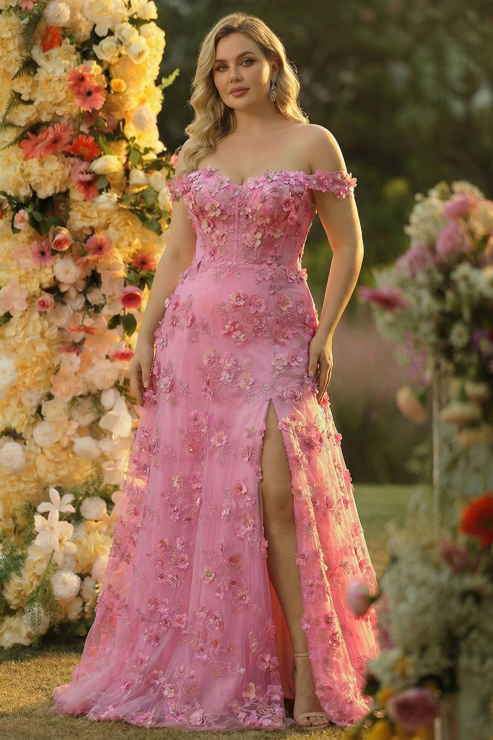 Taro A-Line Off The Shoulder Corset Slit Long Prom Dress With 3D Flowers