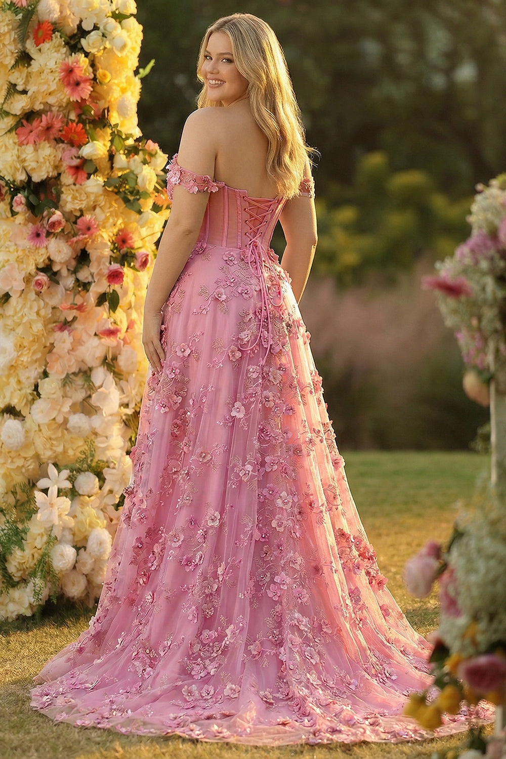 Taro A-Line Off The Shoulder Corset Slit Long Prom Dress With 3D Flowers