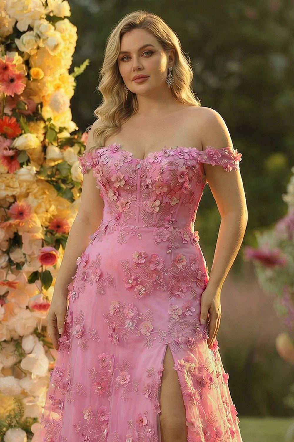 Off The Shoulder Corset A-Line Plus Size Long Taro Prom Dress with Slit
