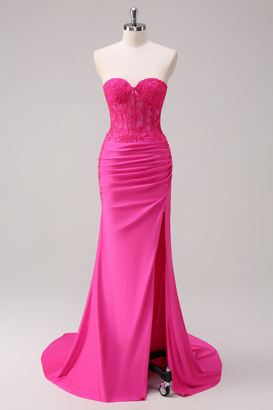 Robe longue de soirée sirène bustier fuchsia froncée avec fente