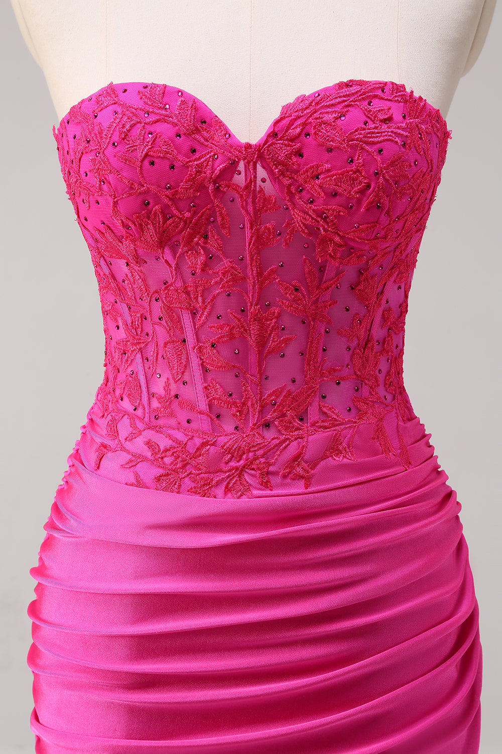Corset Fuchsia Mermaid Strapless Ruched Corset Long Prom Dress with Slit