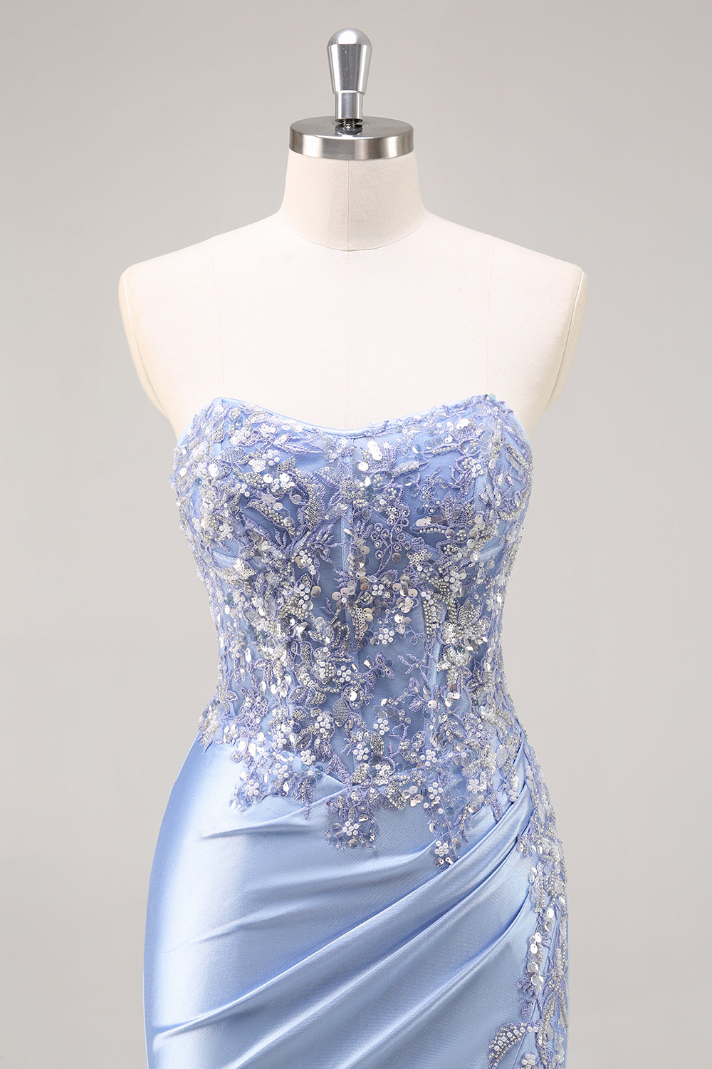 Robe de bal longue sirène bordeaux bustier à paillettes et perles