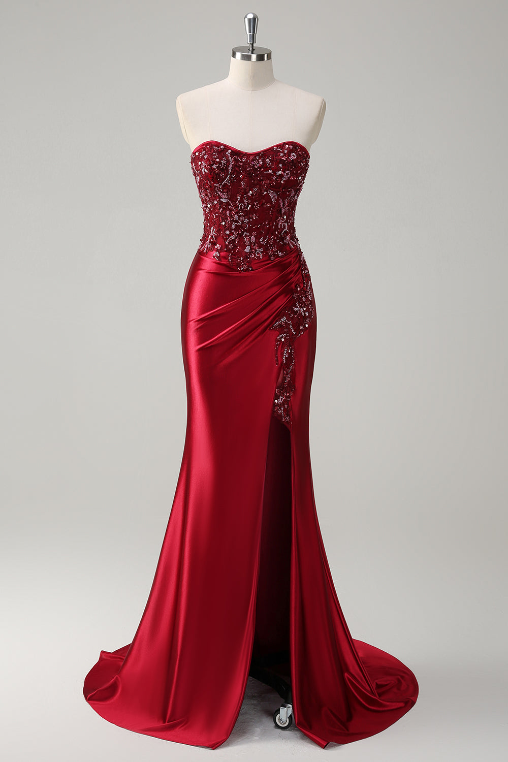 Robe de bal longue en satin bleu scintillant de sirène avec corset et fente