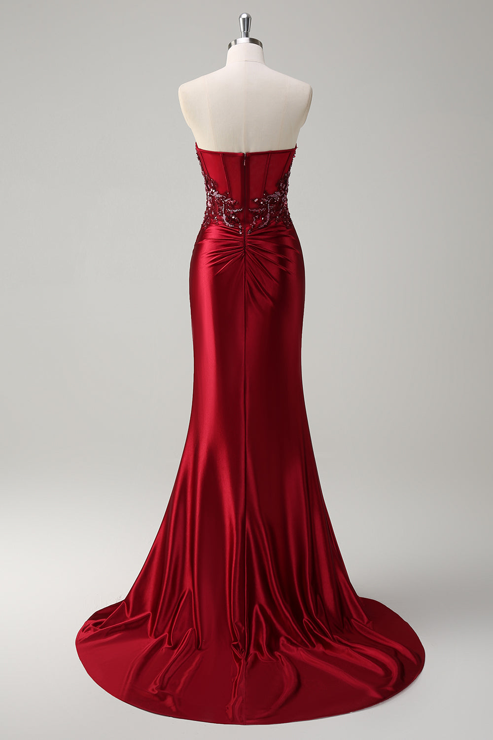 Robe de bal longue sirène bordeaux bustier à paillettes et perles