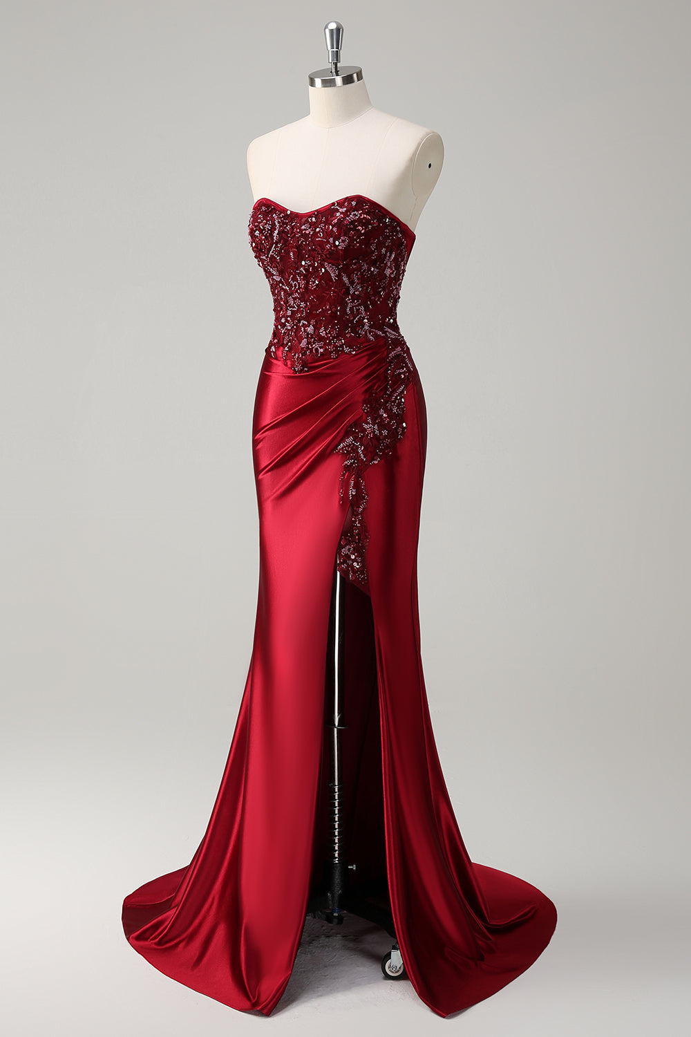 Robe de bal longue sirène bordeaux bustier à paillettes et perles