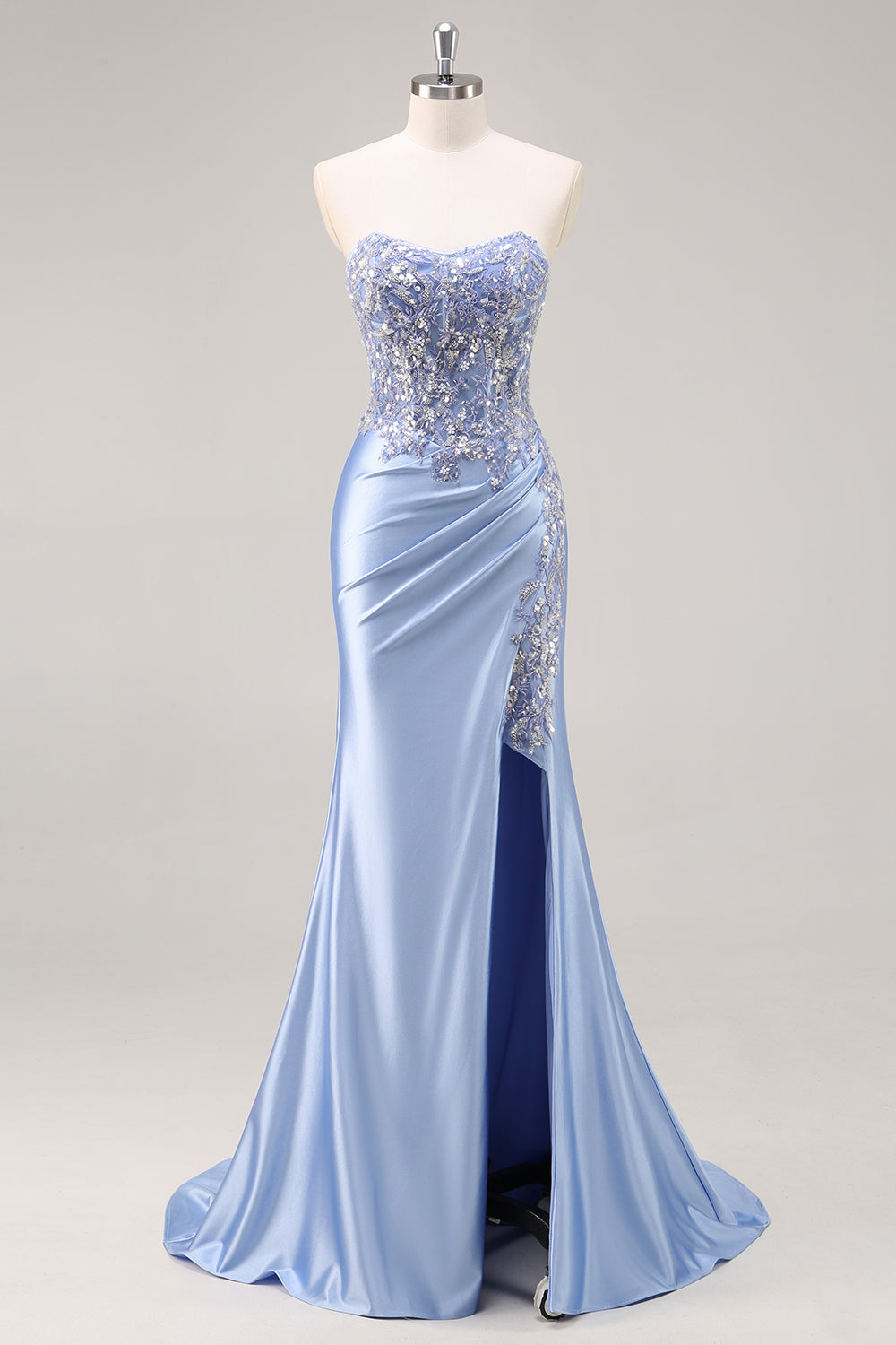 Robe de bal longue en satin bleu scintillant de sirène avec corset et fente