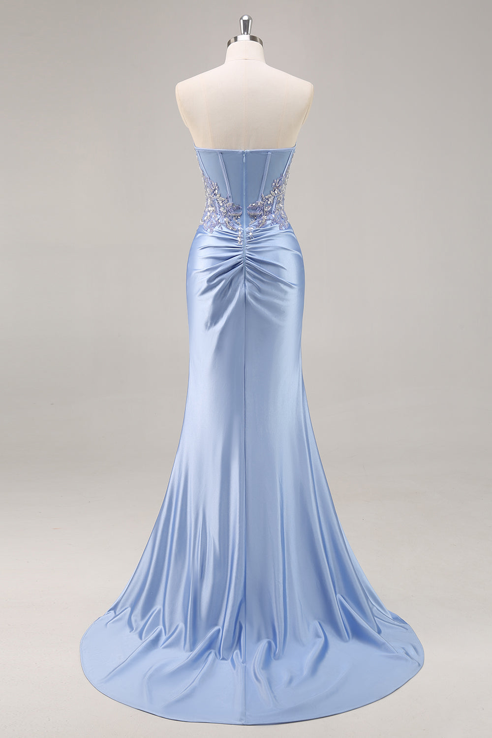 Robe de bal longue en satin bleu scintillant de sirène avec corset et fente
