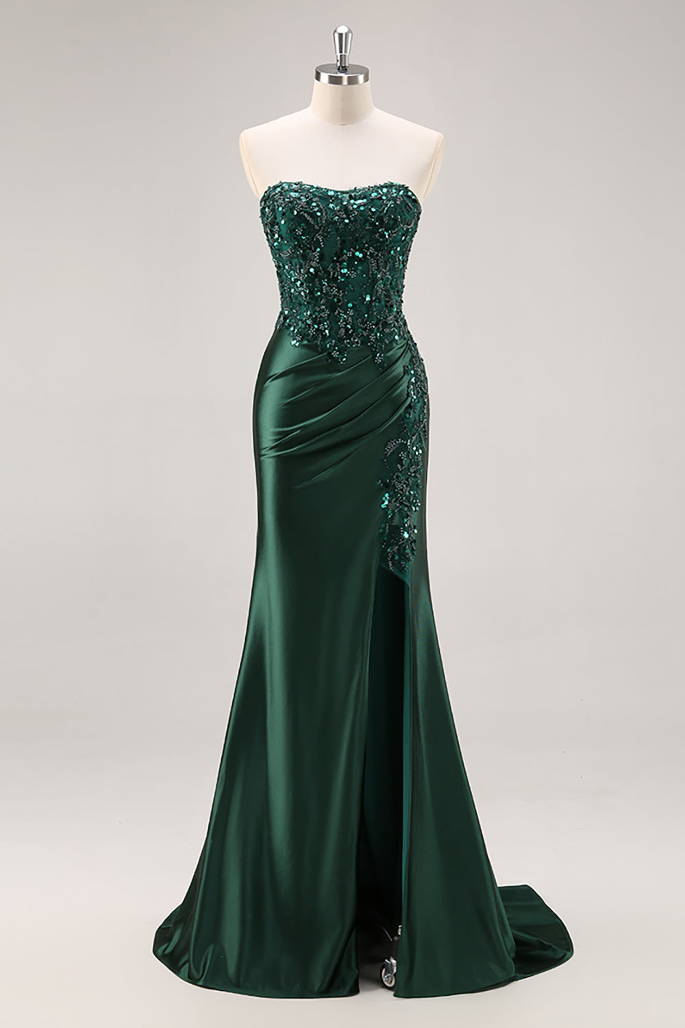 Robe de bal longue sirène bordeaux bustier à paillettes et perles