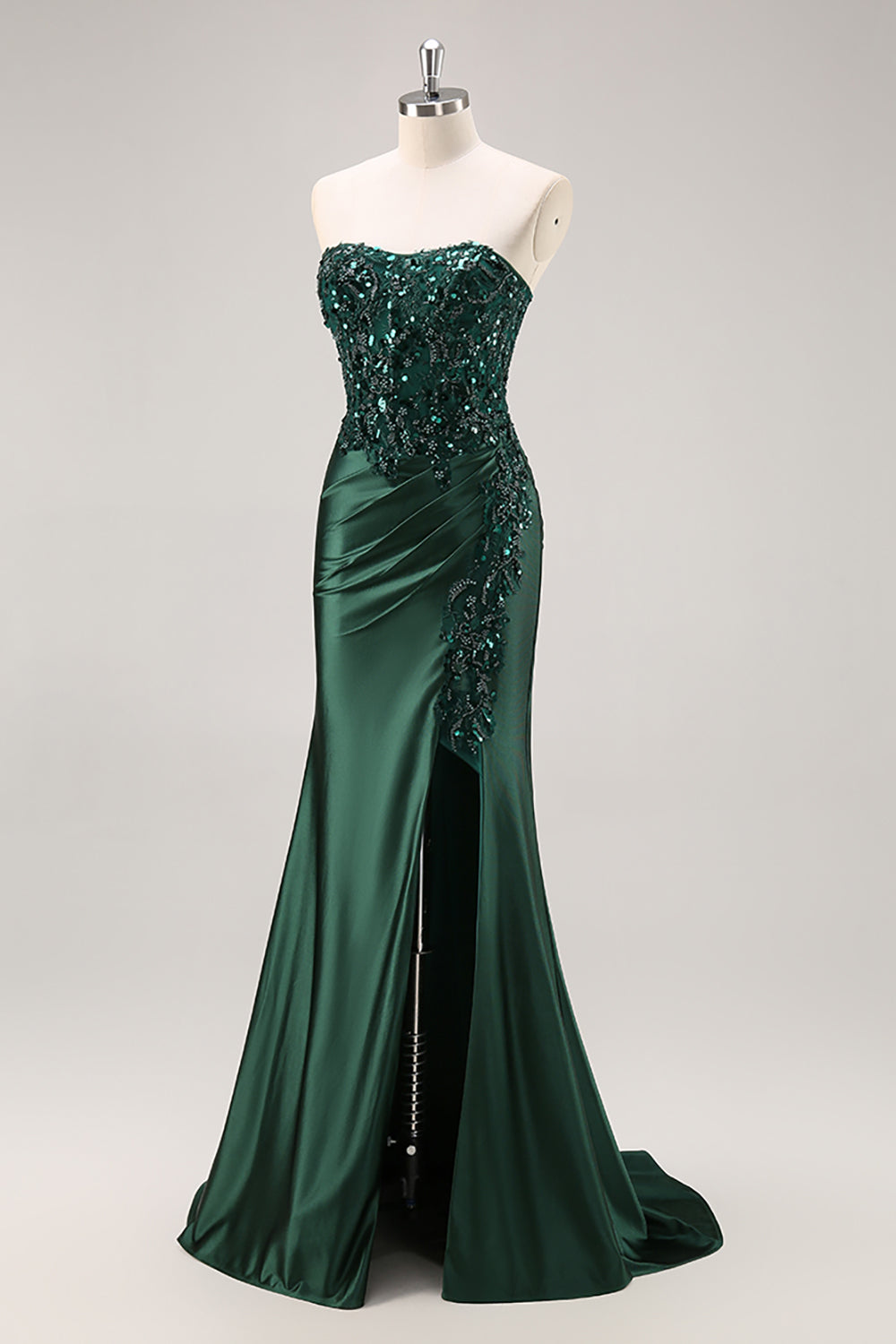 Robe de bal longue sirène bordeaux bustier à paillettes et perles
