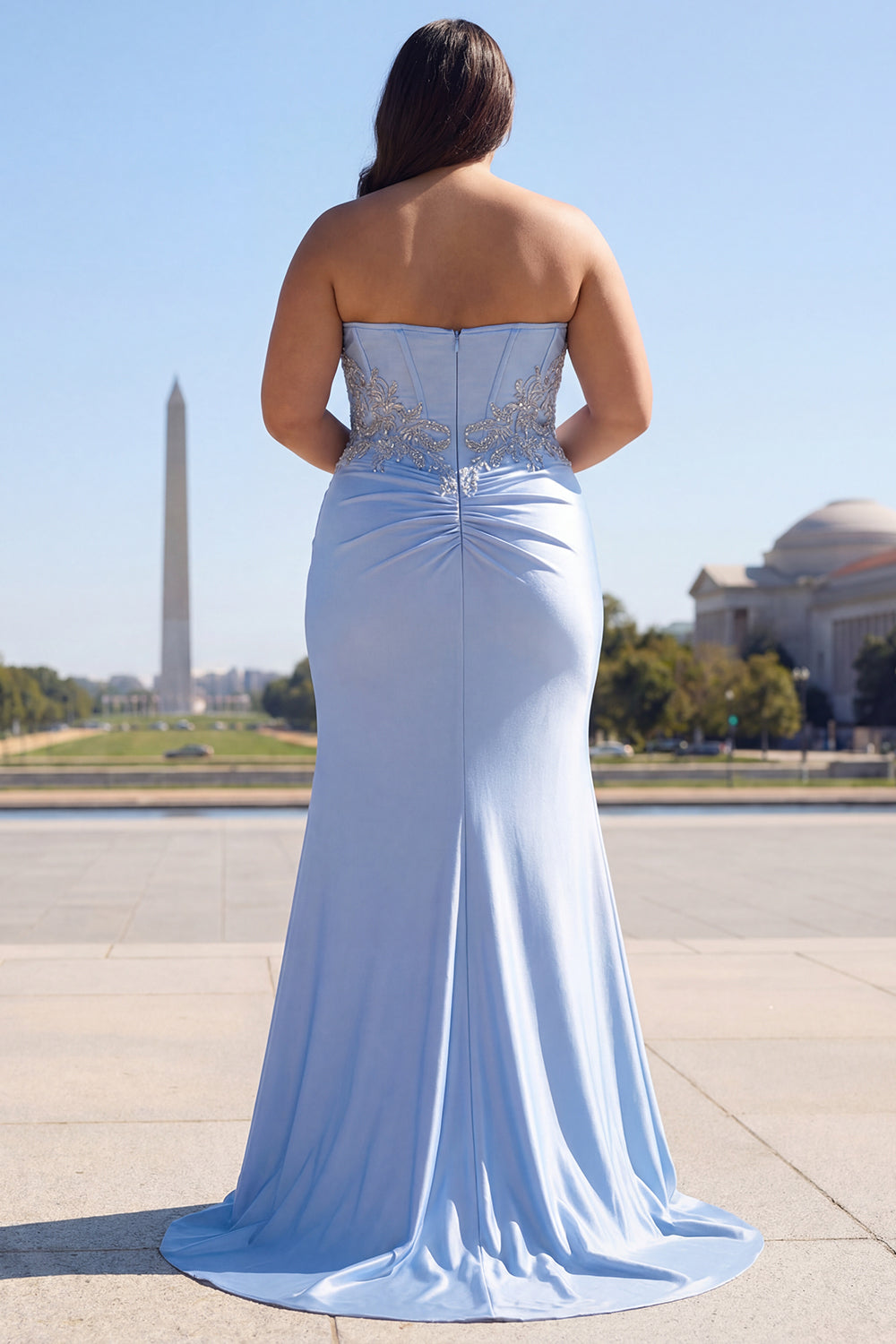 Robe de bal longue en satin bleu scintillant de sirène avec corset et fente