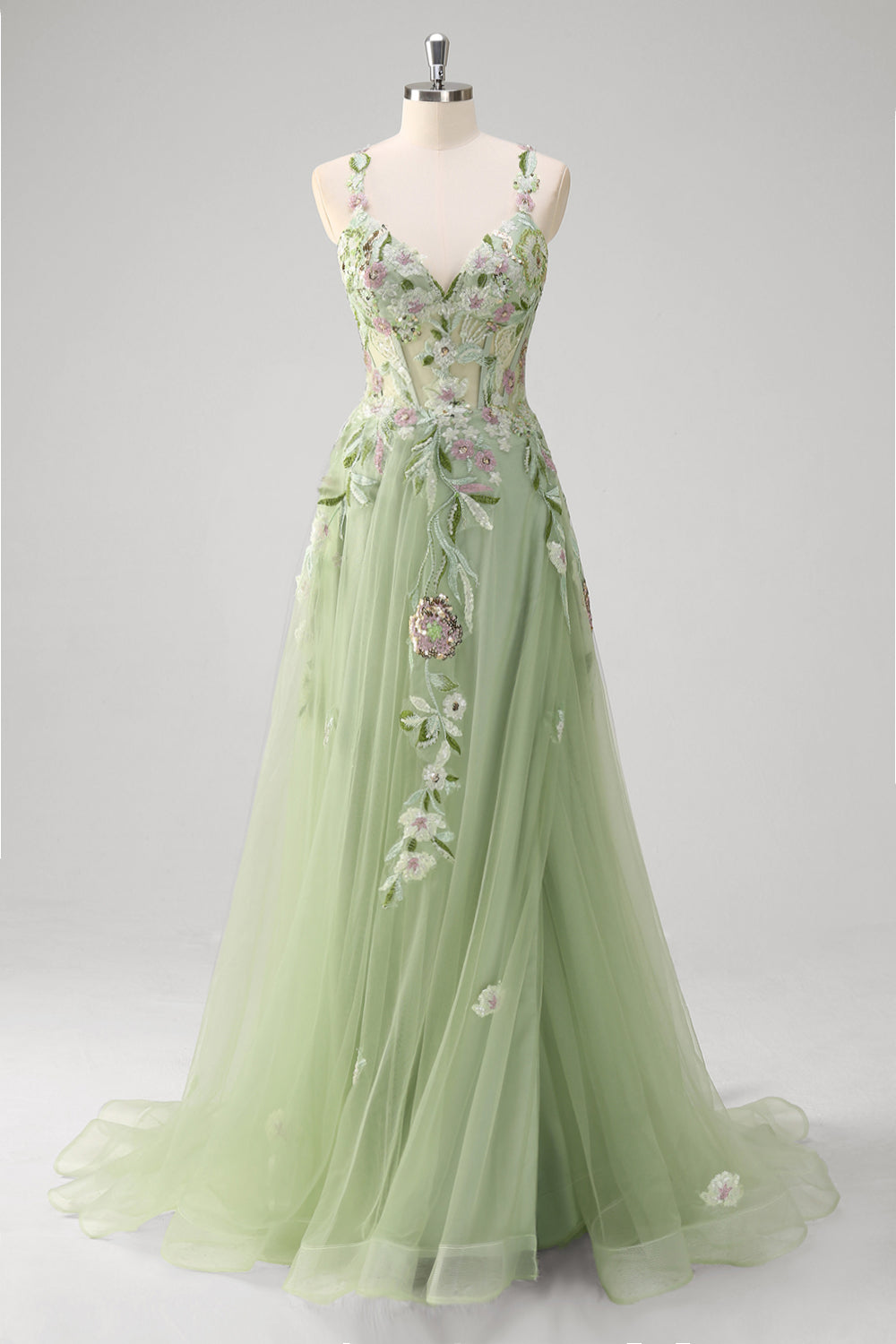 Green A-Line Tulle Sequin Applique Corset Long Prom Dress with Slit