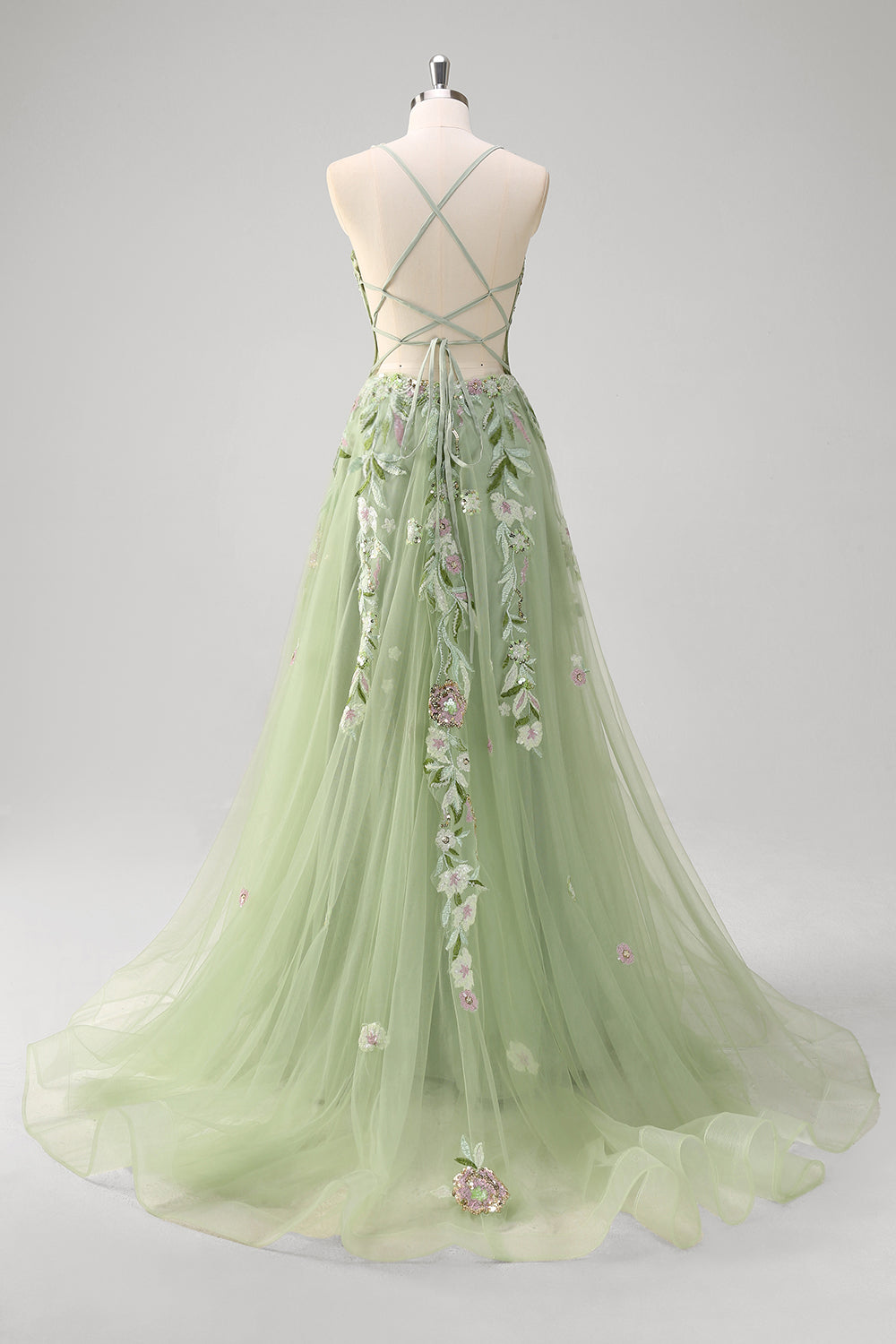 Green A-Line Tulle Sequin Applique Corset Long Prom Dress with Slit
