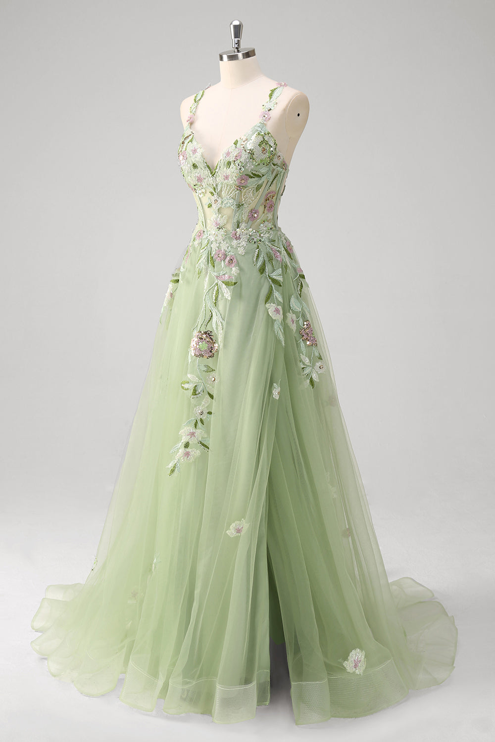 Green A-line Spaghetti Strap Appliqued Corset Long Tulle Prom Dress