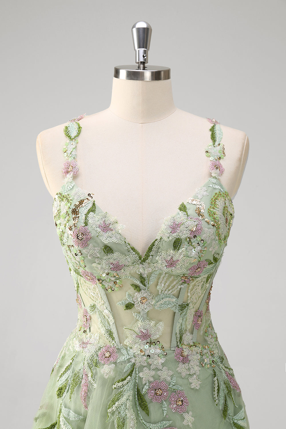 Green A-line Spaghetti Strap Appliqued Corset Long Tulle Prom Dress