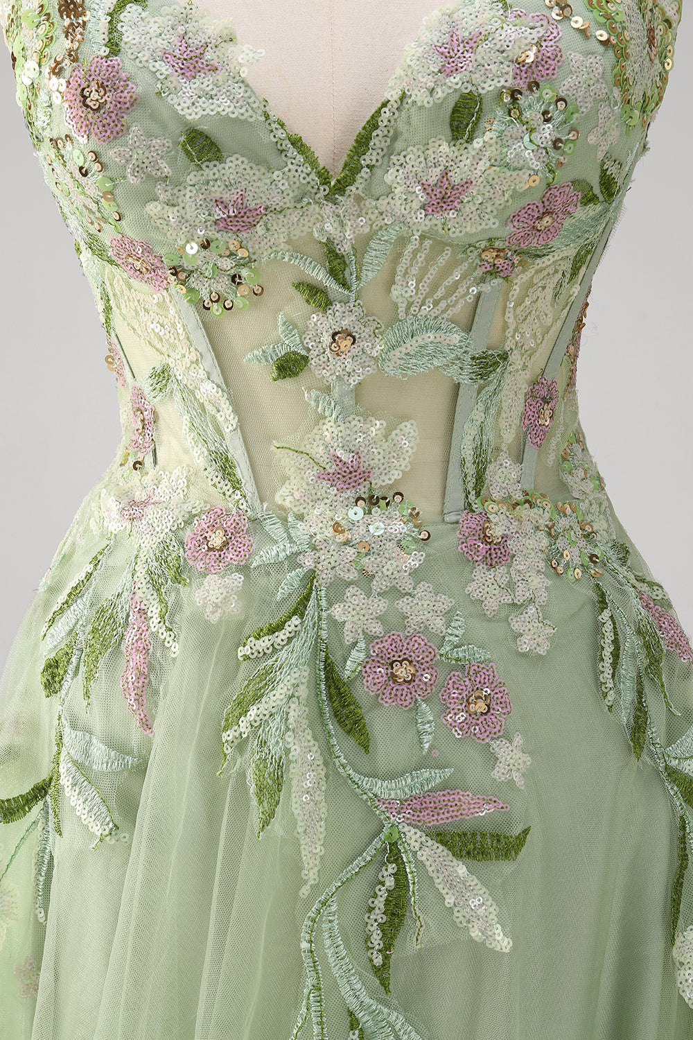 Green A-line Spaghetti Strap Appliqued Corset Long Tulle Prom Dress