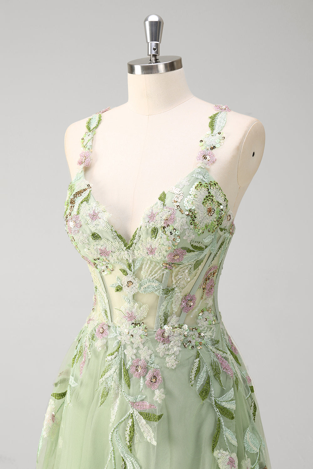 Green A-line Spaghetti Strap Appliqued Corset Long Tulle Prom Dress