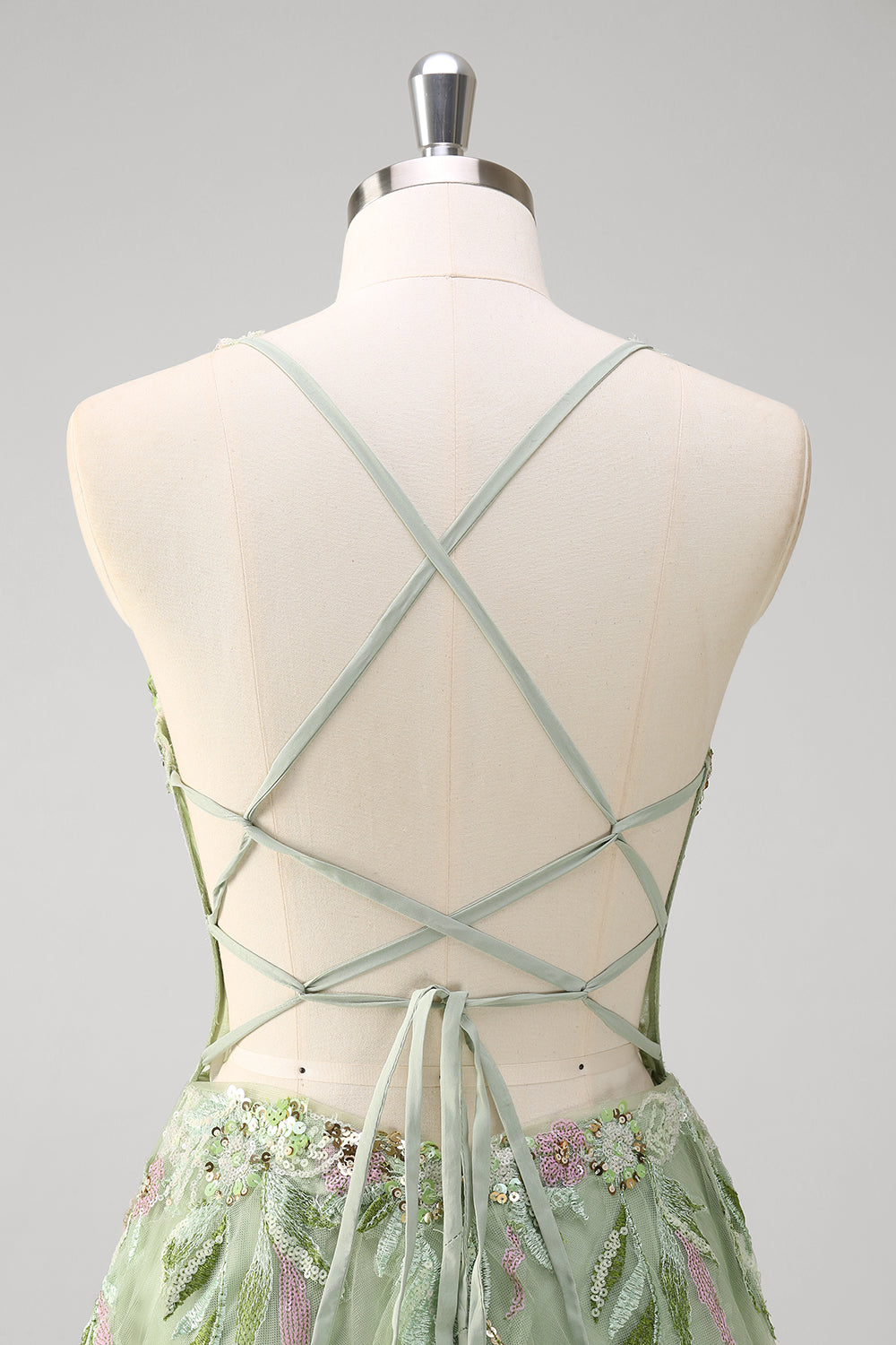 Green A-line Spaghetti Strap Appliqued Corset Long Tulle Prom Dress