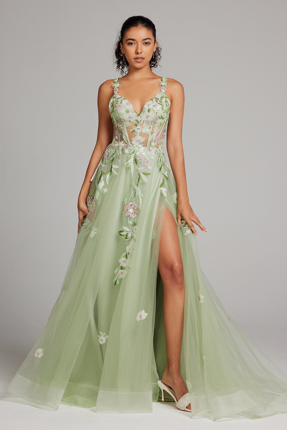 Robe de bal longue en dentelle brodée, corset, ligne A, paillettes vertes scintillantes, avec fente