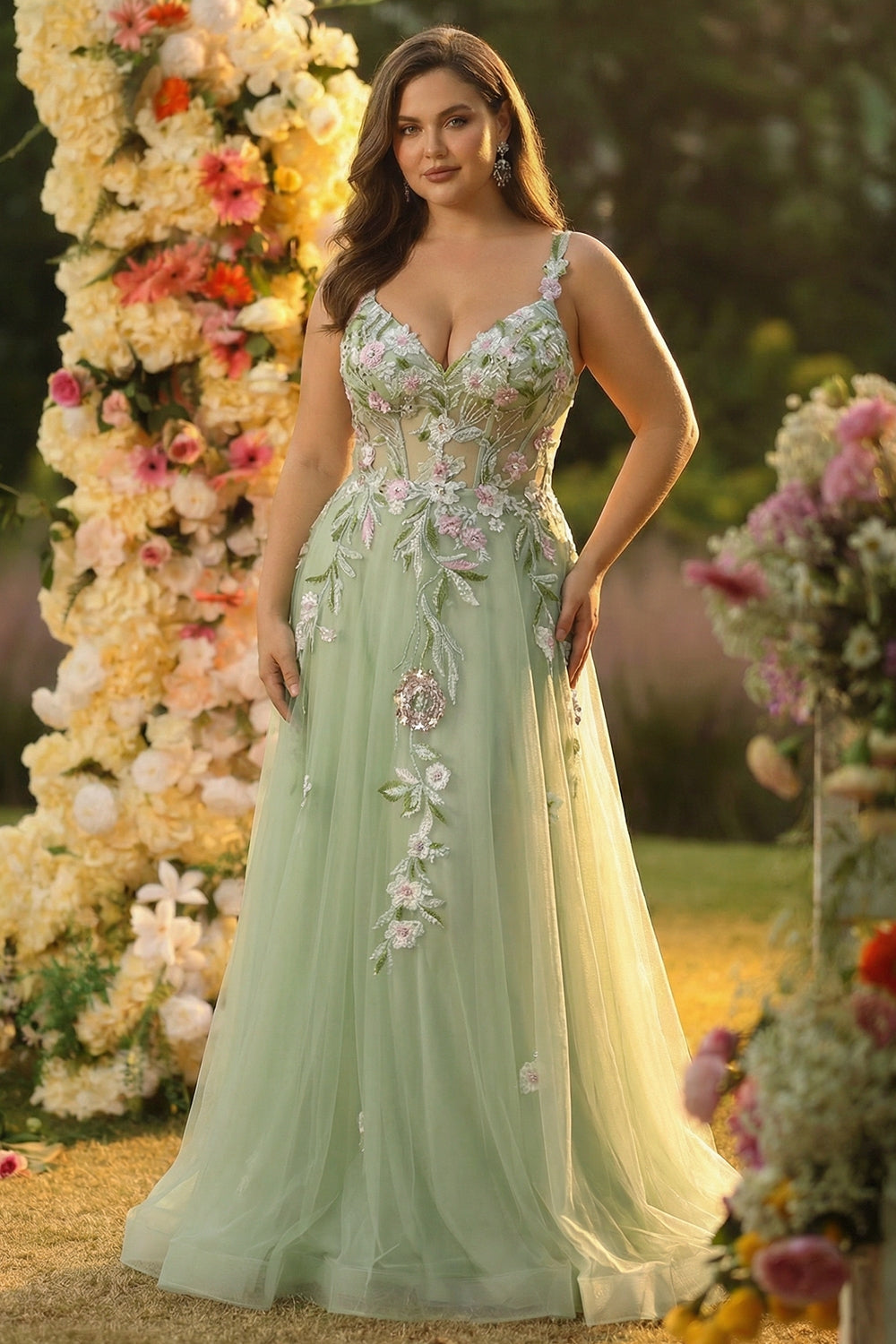 Green A-Line Tulle Sequin Applique Corset Long Prom Dress with Slit