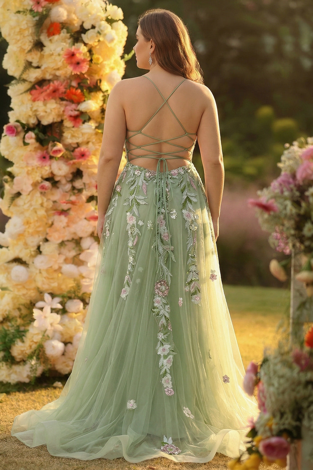 Green A-Line Tulle Sequin Applique Corset Long Prom Dress with Slit