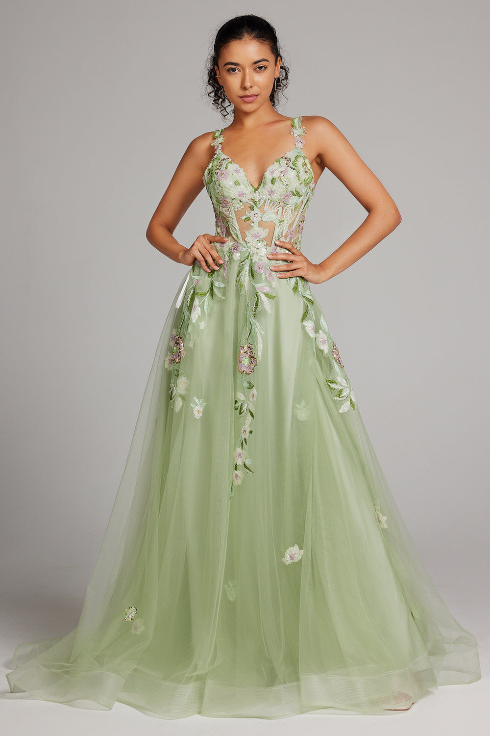 Robe de bal longue en dentelle brodée, corset, ligne A, paillettes vertes scintillantes, avec fente