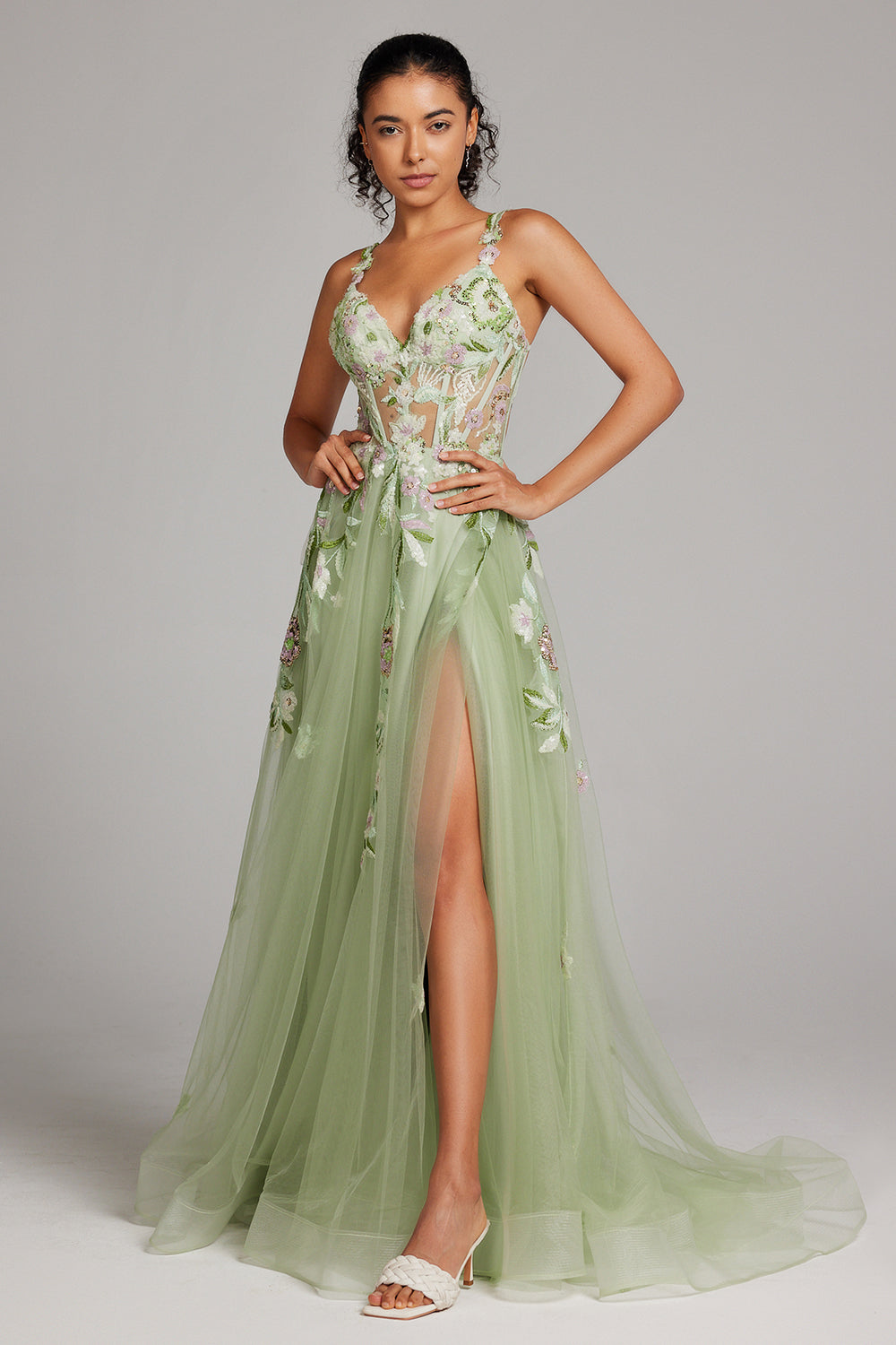 Robe de bal longue en dentelle brodée, corset, ligne A, paillettes vertes scintillantes, avec fente