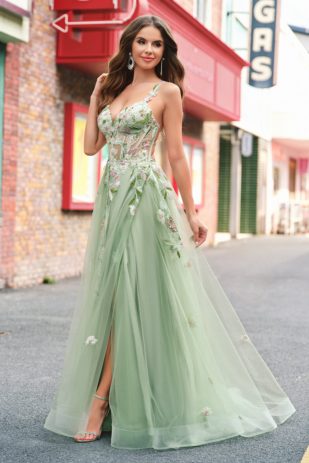Green A-Line Tulle Sequin Applique Corset Long Prom Dress with Slit
