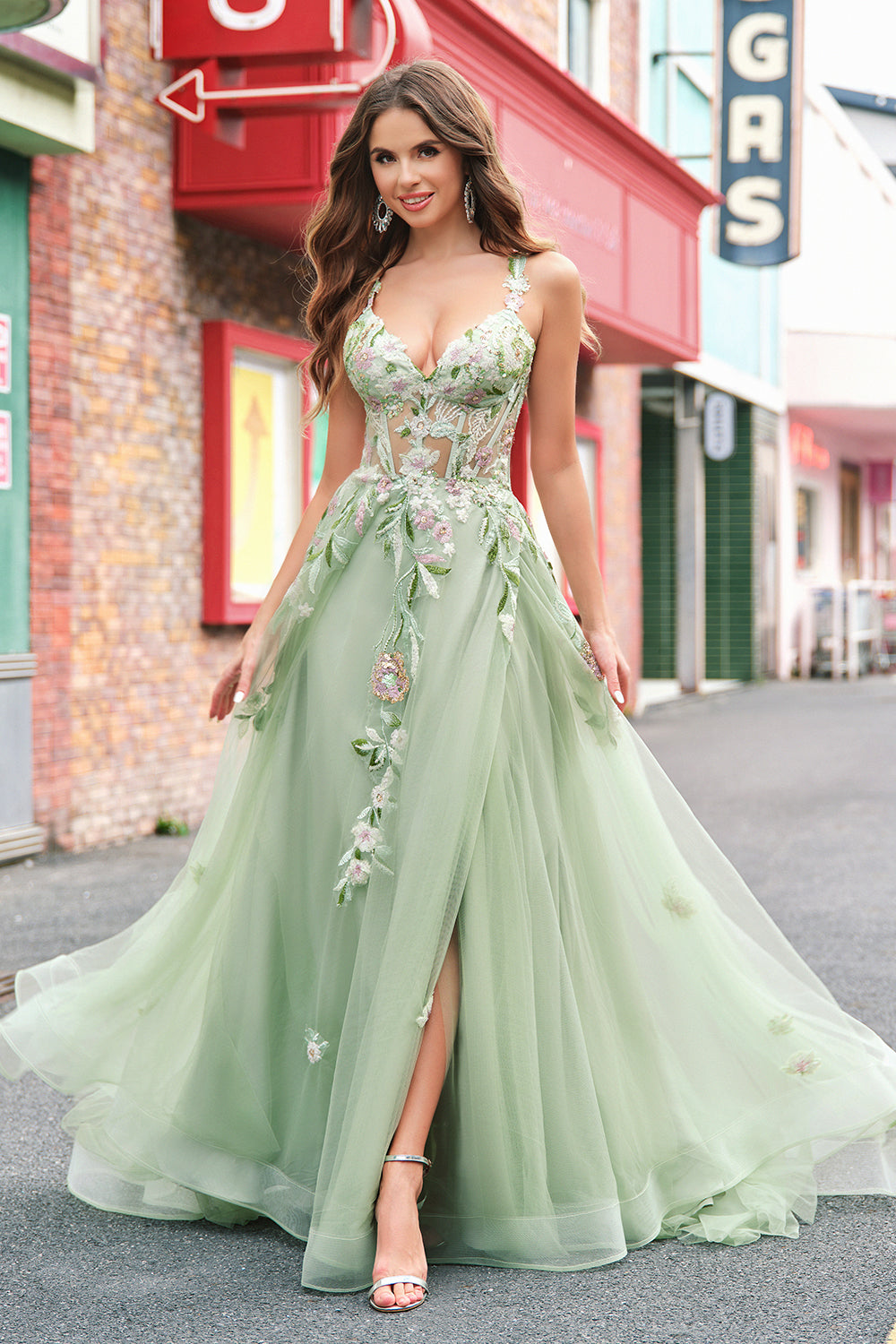Green A-Line Tulle Sequin Applique Corset Long Prom Dress with Slit