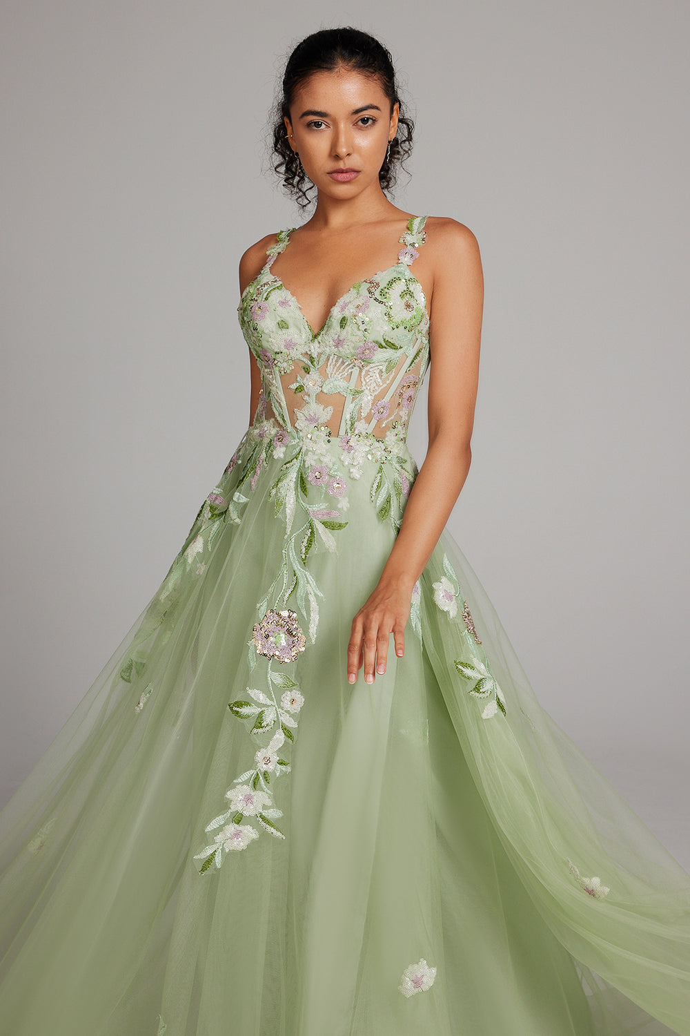 Robe de bal longue en dentelle brodée, corset, ligne A, paillettes vertes scintillantes, avec fente