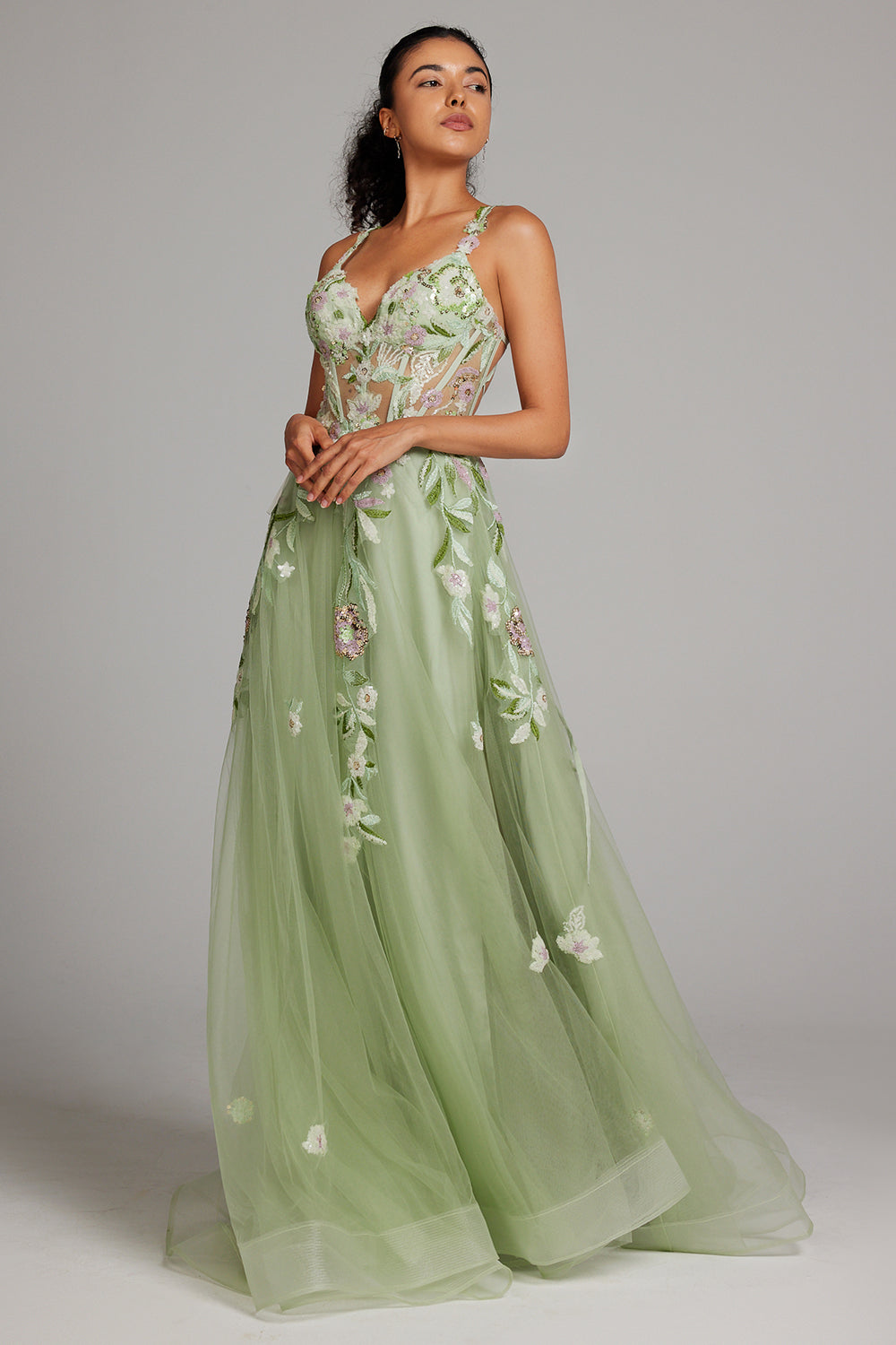 Robe de bal longue en dentelle brodée, corset, ligne A, paillettes vertes scintillantes, avec fente