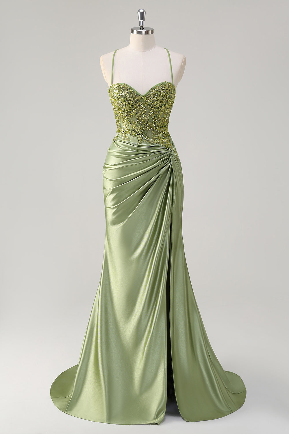 Sparkly Mermaid Army Green Corset Lace-Up Back Long Prom Dress with Slit