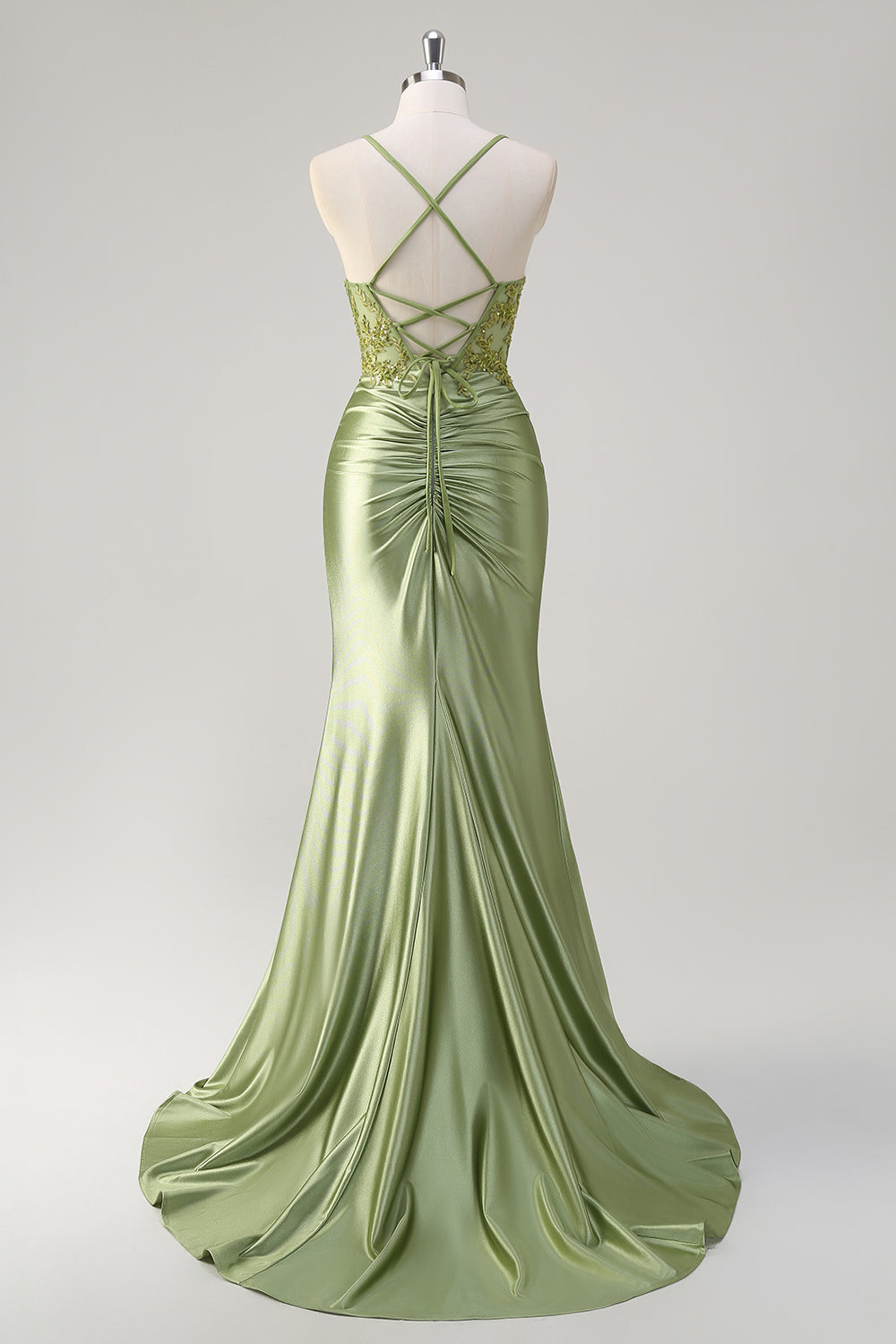 Sparkly Mermaid Army Green Corset Lace-Up Back Long Prom Dress with Slit