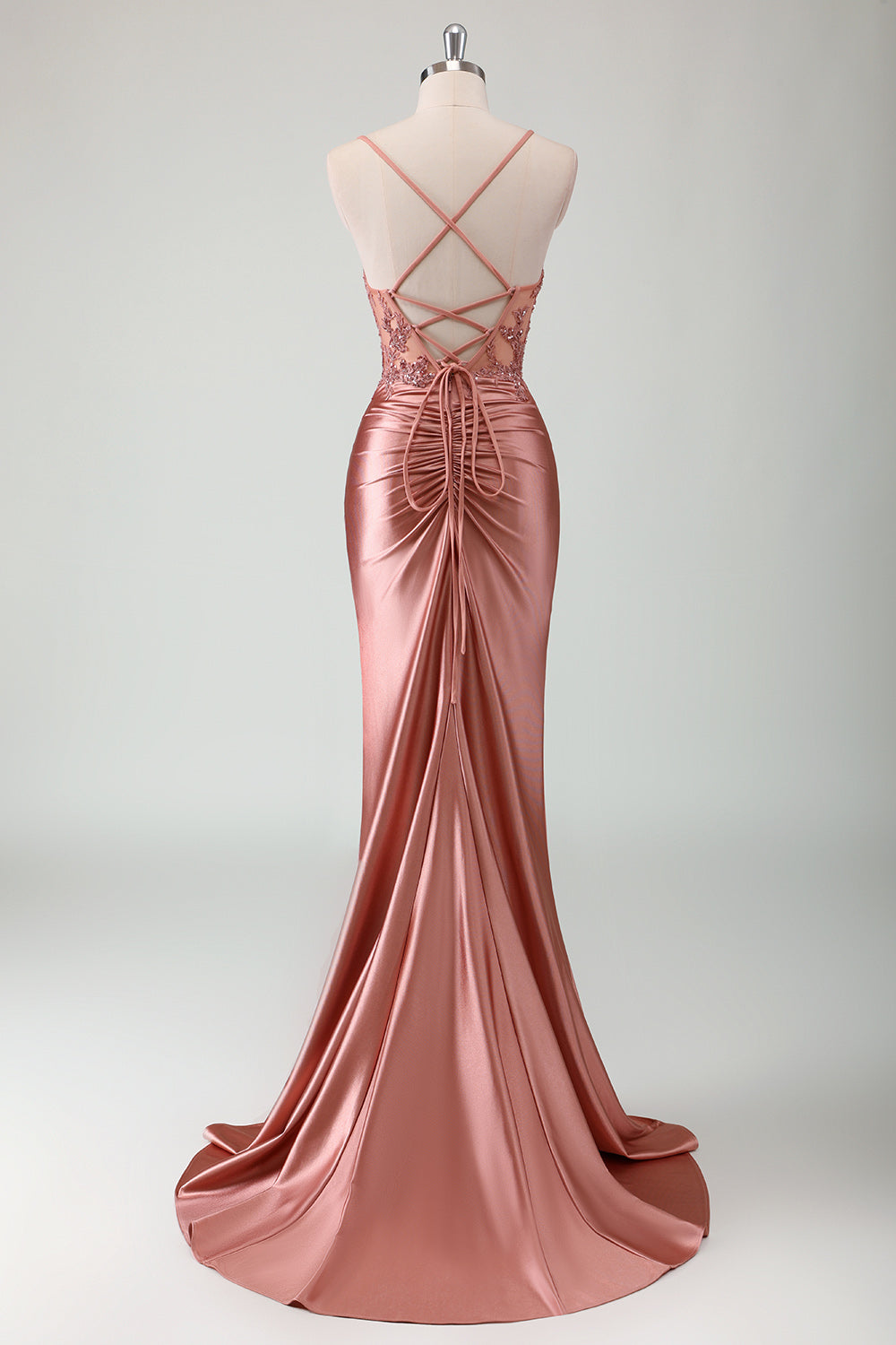 Sparkly Mermaid Army Green Corset Lace-Up Back Long Prom Dress with Slit