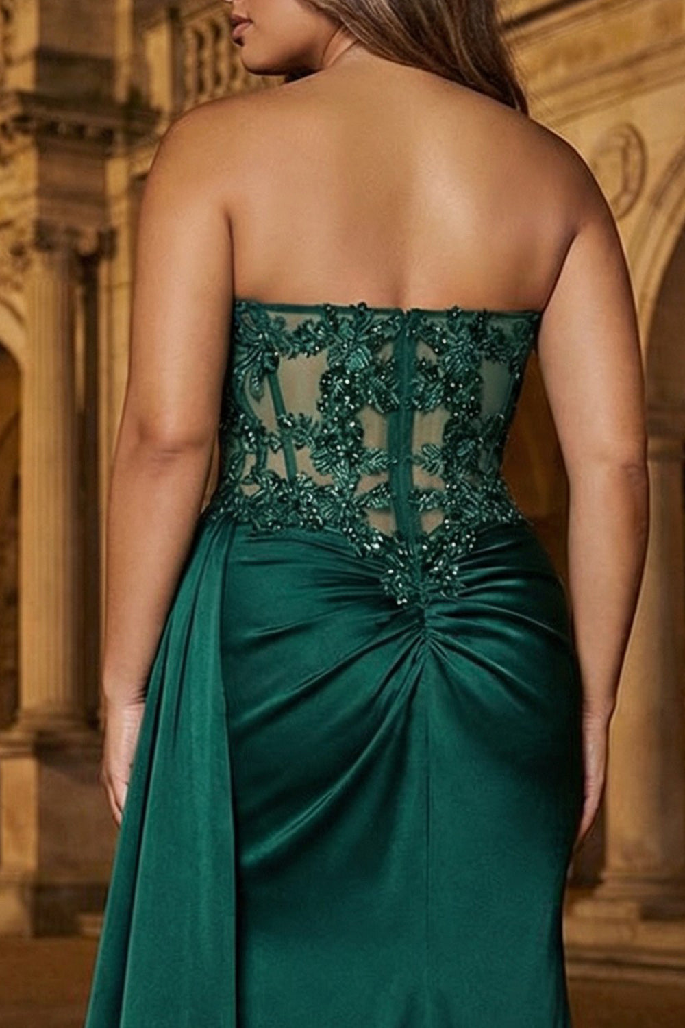 Sparkly Dark Green Corset Mermaid Sweetheart Long Plus Size Prom Dress with Slit