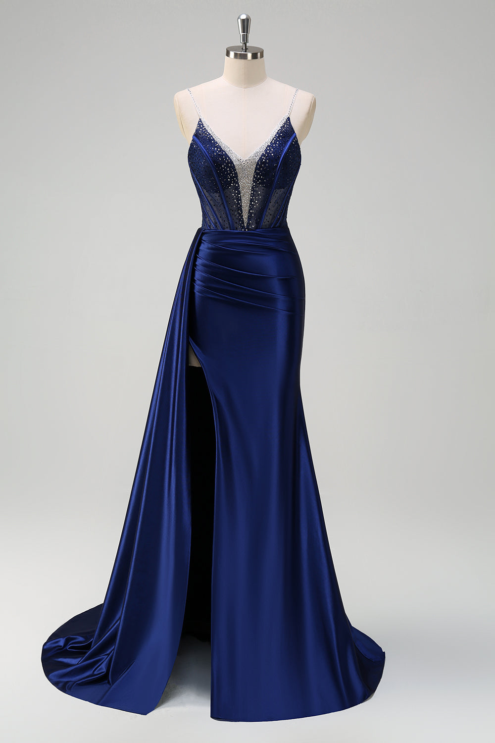 Vestido de Baile Sirena Escote en V con Corset, Entrenador Watteau, Bordado y Abertura