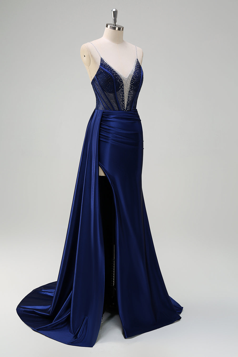 Vestido de Baile Sirena Escote en V con Corset, Entrenador Watteau, Bordado y Abertura