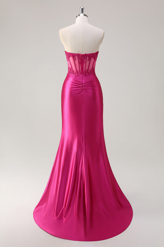 Robe de bal longue avec corset sans bretelles, sirène fuchsia étincelante, appliques et fente