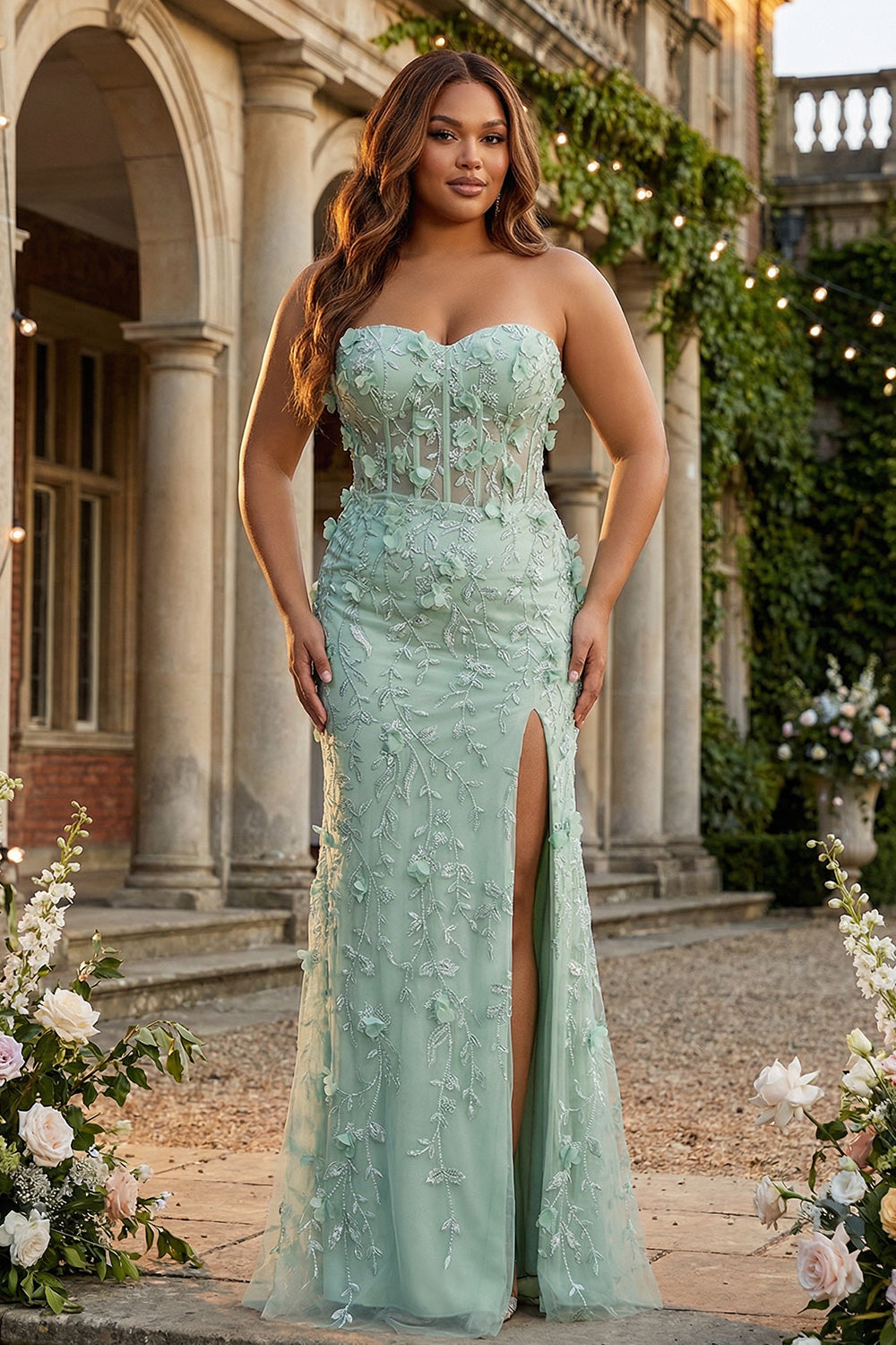 Sage Mermaid Sweetheart Floral Appliqued Long Prom Dress with Slit
